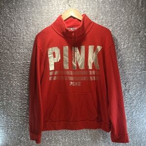 VICTORIA SECRET LOVE PINK 1/4 Zip Pullover Women Medium Red LOGO Cotton Blend